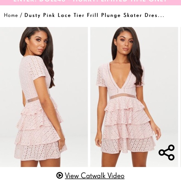 dusty pink lace tier frill plunge skater dress